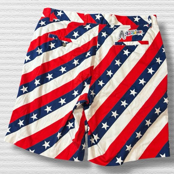 Royal & Awesome Golf Shorts Pars and Stripes Red White Blue Stars Flag Size 36 - Picture 6 of 8